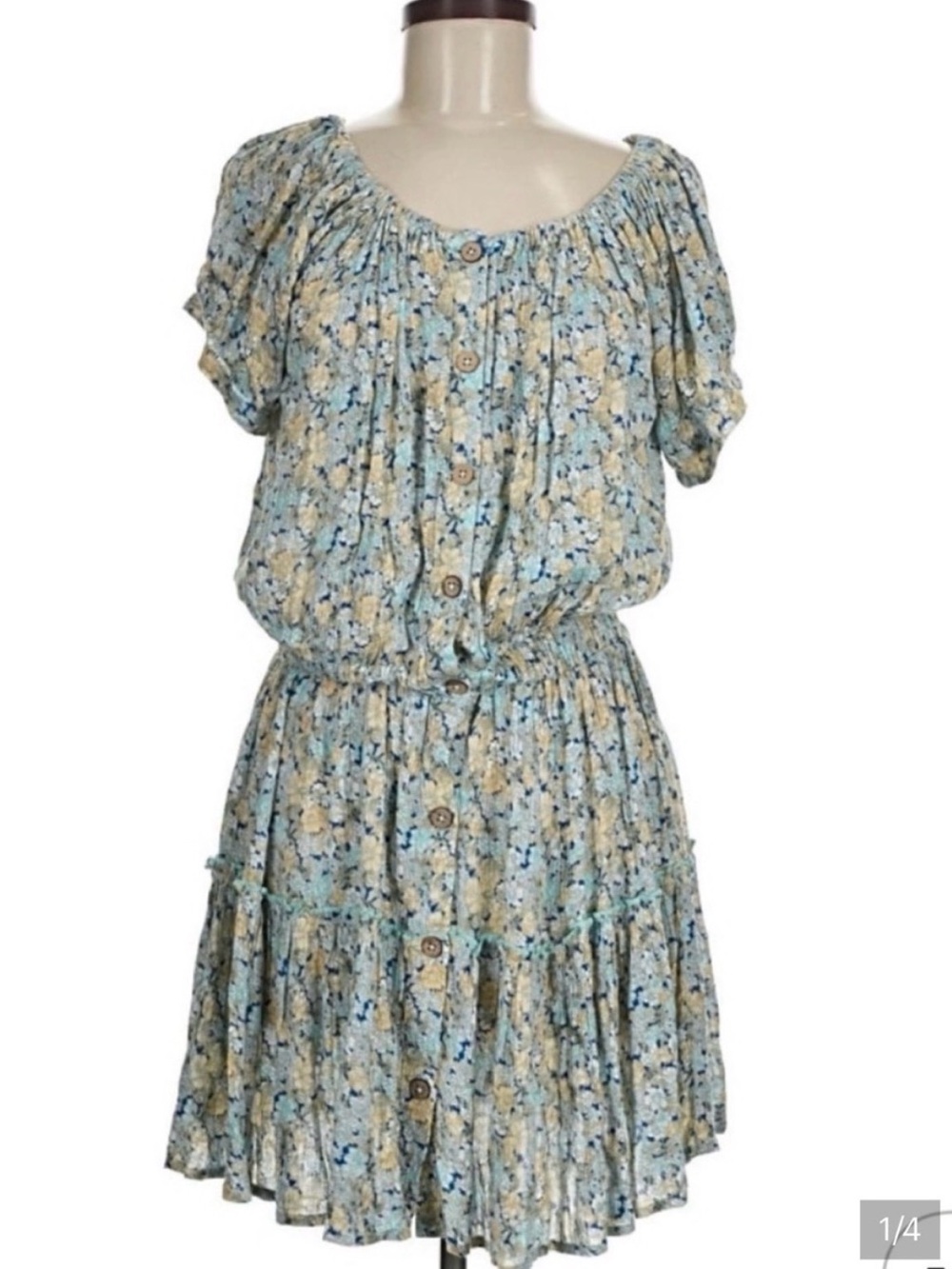 Light Blue Floral Button-Down Elastic-Waist Mini Dress